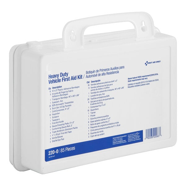 A white First Aid Only vehicle first aid kit with blue text.