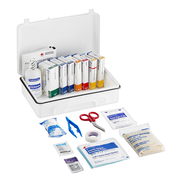 A white First Aid Only box with blue text and a few first aid items inside.