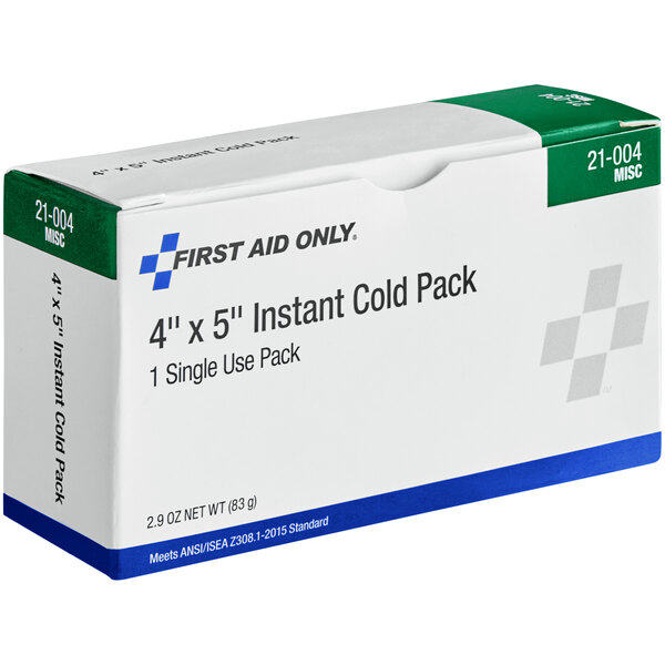 A white box with blue and green text that reads "First Aid Only 4" x 5" Instant Cold Pack" containing a white instant cold pack.