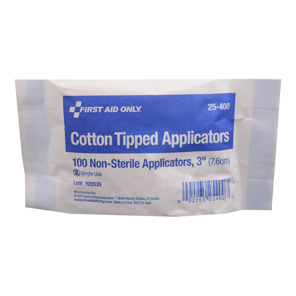 A pack of 100 non-sterile 3-inch cotton-tipped applicators from First Aid Only.