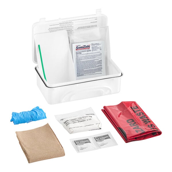 A white plastic container with a First Aid Only Bloodborne Pathogen Spill Clean-Up Kit inside.