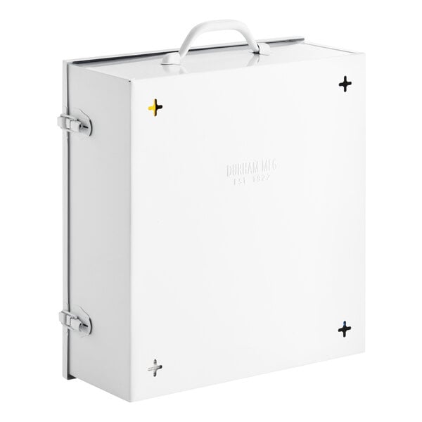 A white metal First Aid cabinet with a handle and black crosses on it.