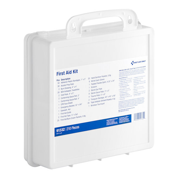 A white First Aid Only first aid kit with blue text and a white plastic handle.