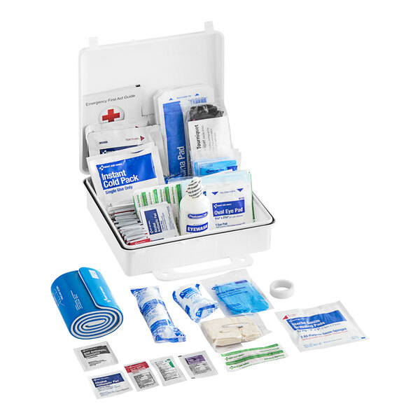 A First Aid Only Class B first aid kit with various supplies and bandages.
