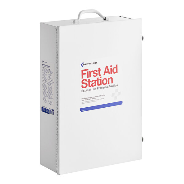 A white First Aid Only first aid cabinet with red text on the box.