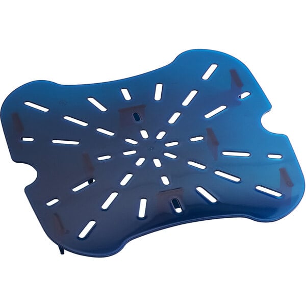 A blue plastic tray with holes.