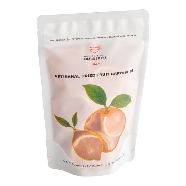 A resealable pouch of The Cocktail Garnish dried Cara Cara orange slices.