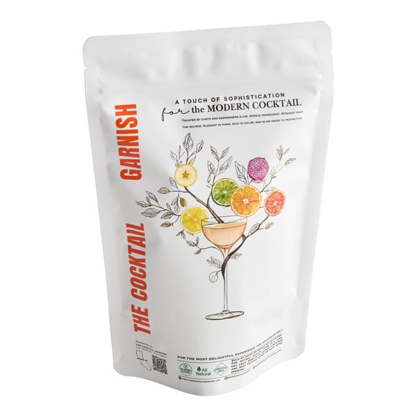 A resealable pouch of The Cocktail Garnish dried Cara Cara orange slices, containing 25 slices for use in drinks.