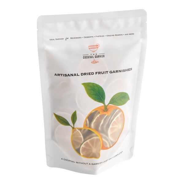 A resealable pouch of artisanal dried lime slices for cocktail garnishes.