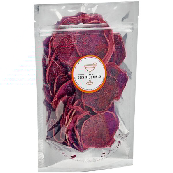 A package of red dried dragon fruit slices.