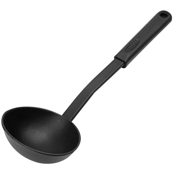 A black nylon ladle with a long handle and a deep bowl, designed for serving liquids.