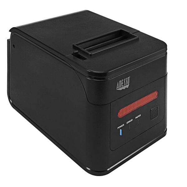 An Adesso Nuprint 310 black thermal receipt printer with red buttons.