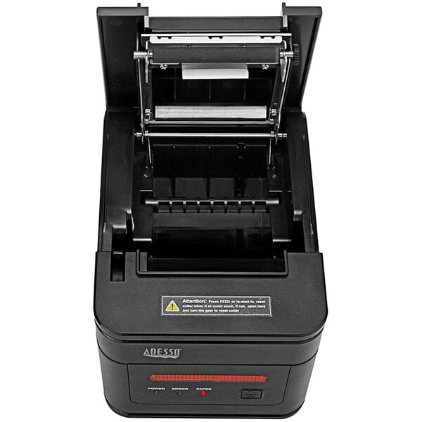 An Adesso Nuprint 310 black thermal receipt printer with an open lid.