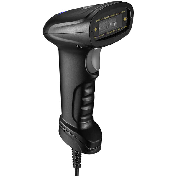 An Adesso 1D handheld barcode scanner with a cord attached.