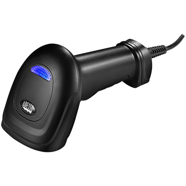 An Adesso black bar code scanner with blue LED light.