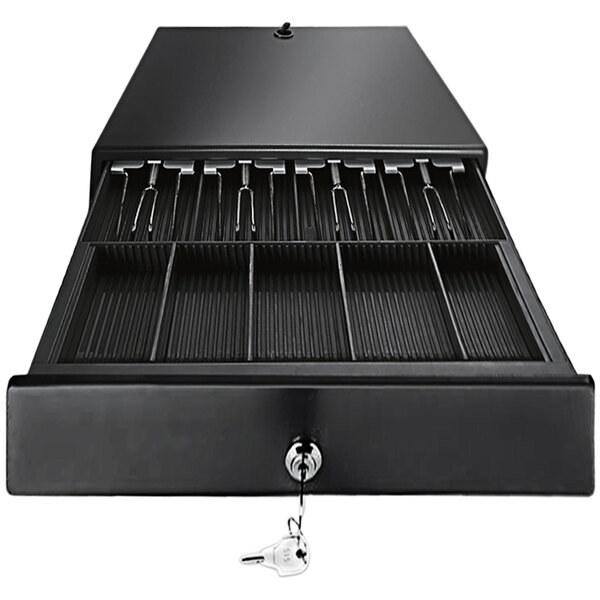 A black steel Adesso POS cash drawer with a rectangular pattern on the front.