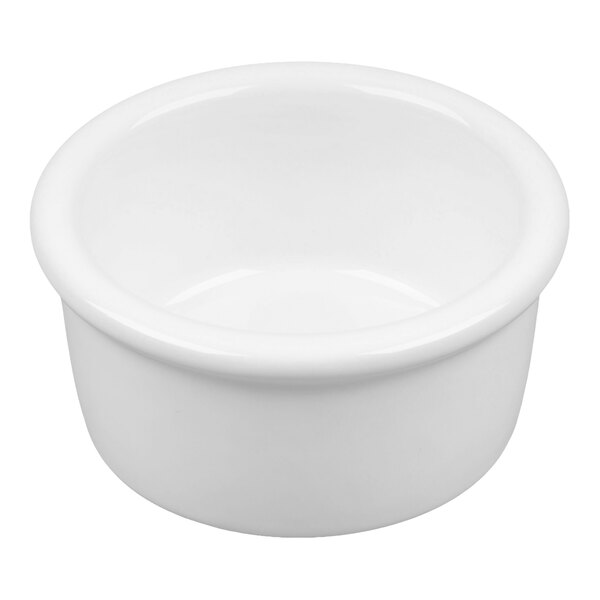 A white 2.5 oz. smooth china ramekin.