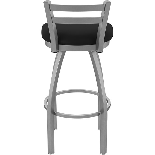 A Holland Bar Stool stainless steel outdoor bar stool with a black seat and backrest.
