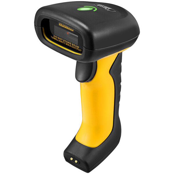 An Adesso 2D wireless handheld barcode scanner with a black and yellow handle.