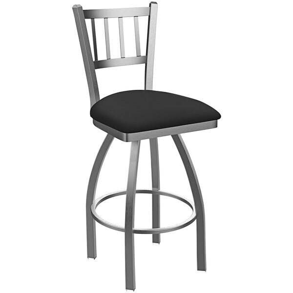 A black and stainless steel Holland Bar Stool with a black cushion.