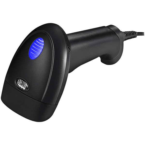 A black barcode scanner with blue light.