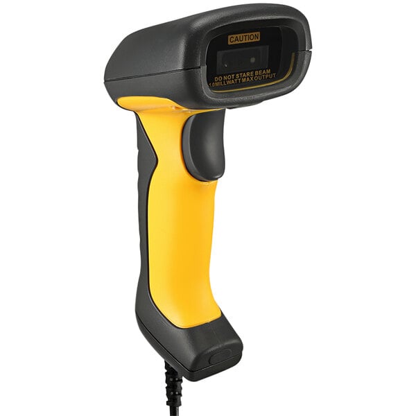 An Adesso NuScan 5200TU handheld barcode scanner with a yellow and black design.