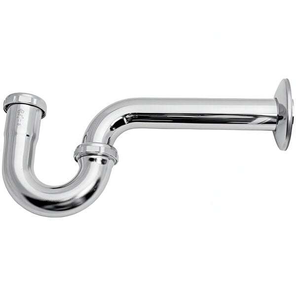 A chrome plated brass tubular P-trap with a white background.