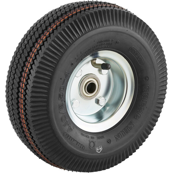 A black pneumatic wheel with a red rim and spokes.