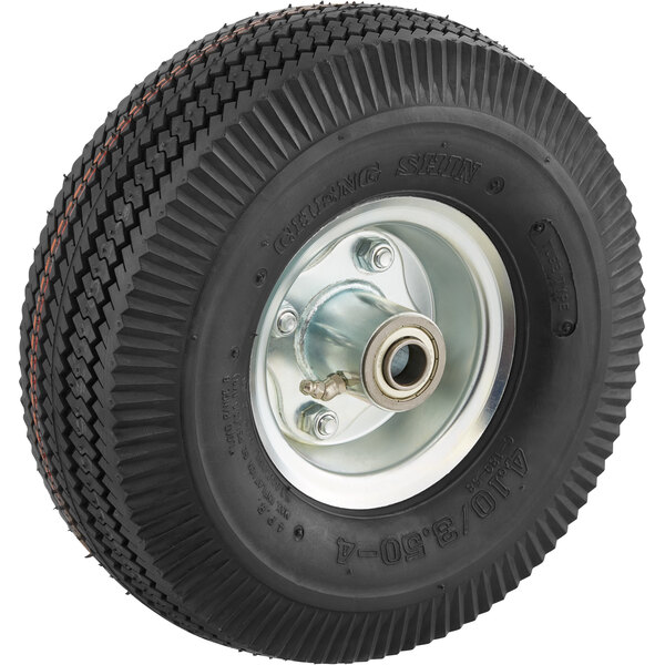 A black pneumatic wheel with a silver rim.