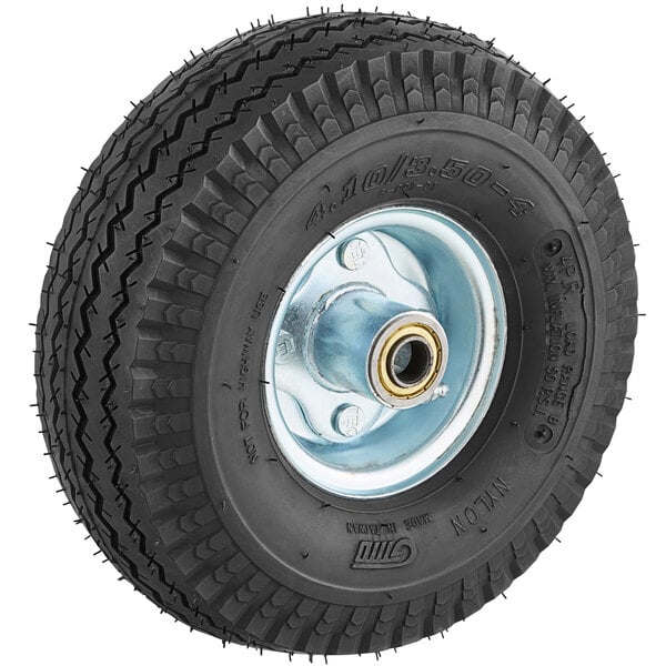 A black pneumatic tire with a silver rim for a Wesco hand truck.