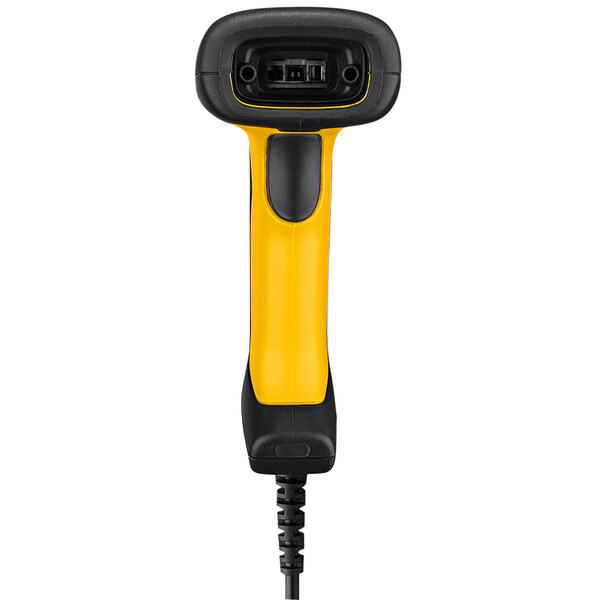 An Adesso NuScan 2400U 1D handheld barcode scanner with a yellow and black design.