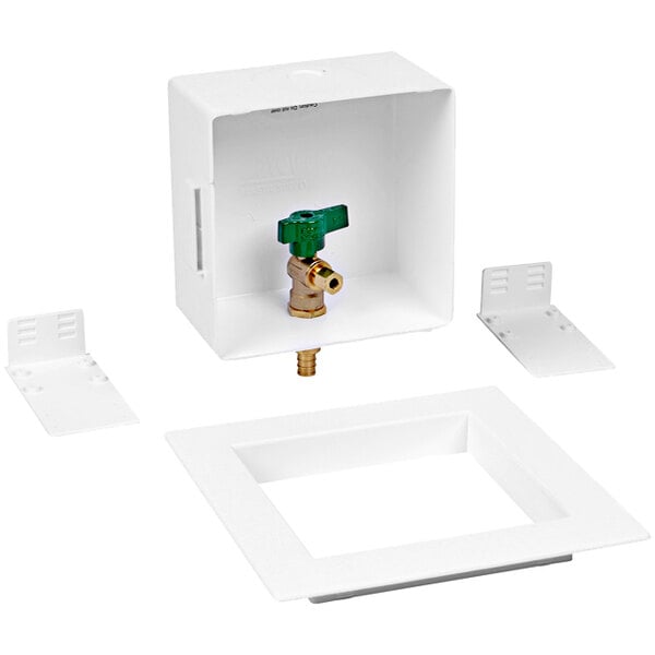 A white square Oatey ice maker outlet box with a green valve.
