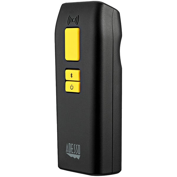 A close up of a black and yellow Adesso 2D Bluetooth barcode scanner with a yellow button.