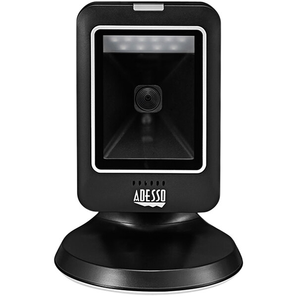 A close-up of a black Adesso NuScan 2800U barcode scanner.