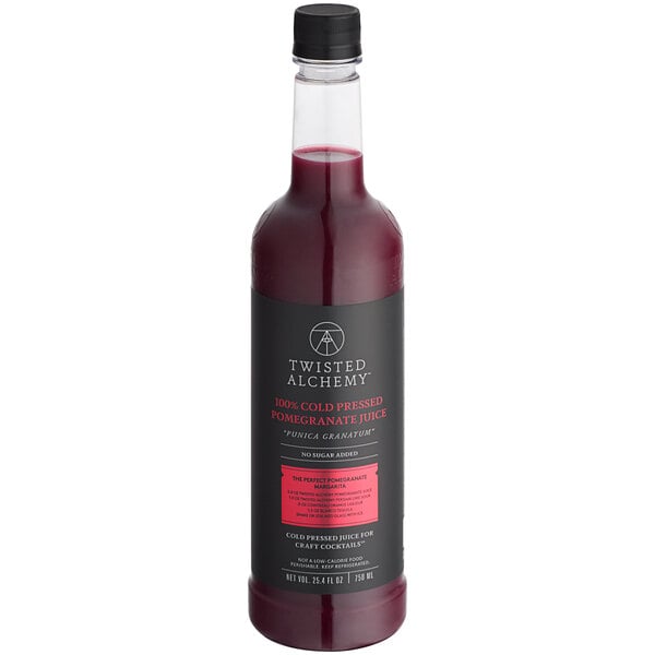 A close up of a bottle of Twisted Alchemy Cold-Pressed Pomegranate Juice with a red liquid inside.