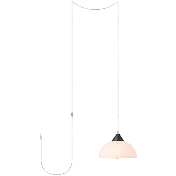 A dark bronze pendant light with a white plastic shade hanging from a cord.