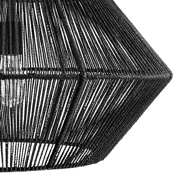 A close up of a black and white Globe Matte Black Natural Twine Chandelier hanging.