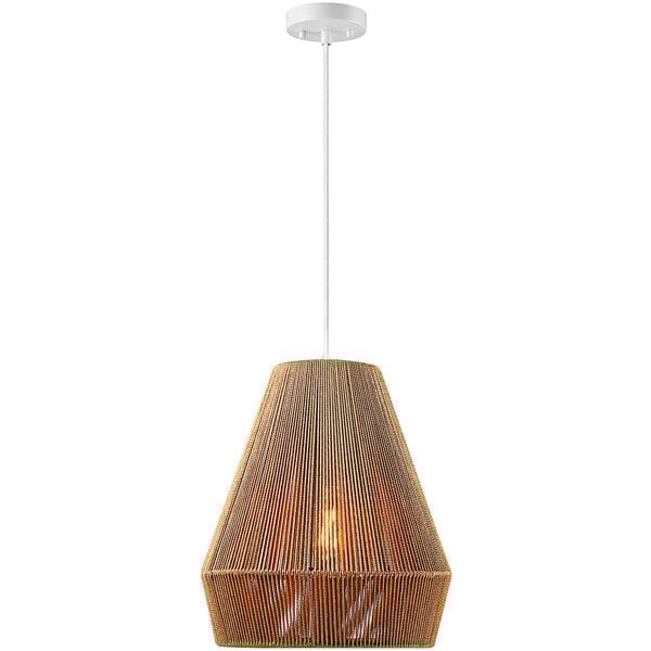 A Globe Matte White Pendant Light with Twine Details hanging in a restaurant dining area.