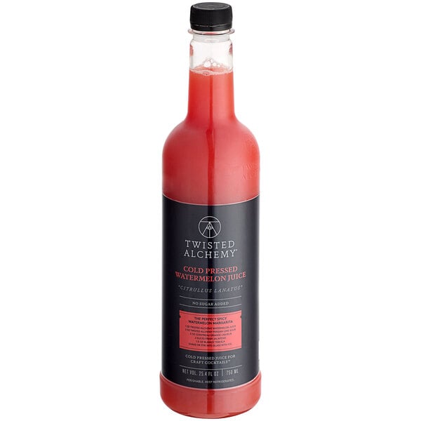 A close up of a bottle of Twisted Alchemy Cold-Pressed Watermelon Juice with red liquid inside.