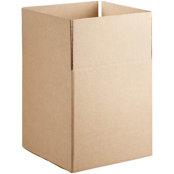 A close up of a Lavex heavy-duty corrugated cardboard shipping box with a cut out top.
