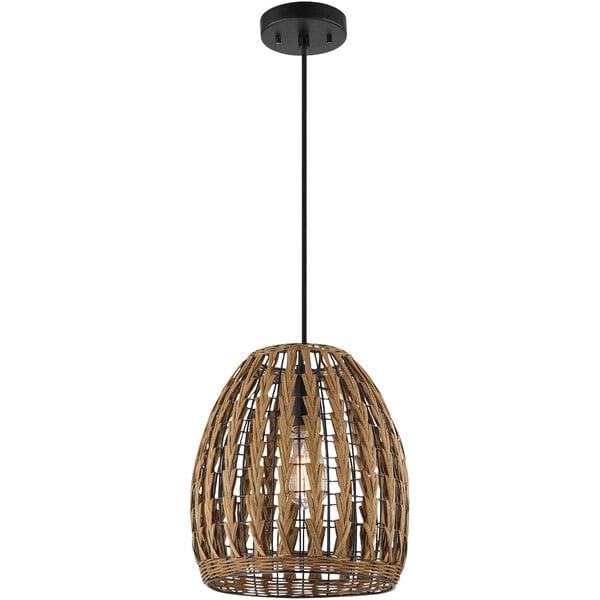 A Globe Modern Farmhouse Rattan Pendant Light with a woven shade and light bulb inside hanging in a restaurant.