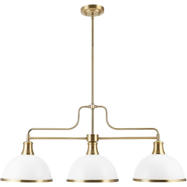 A Globe Modern Glam Matte White and Brass chandelier with three white glass shades.