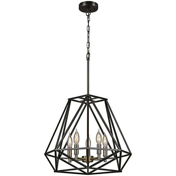 A dark bronze and antique brass globe chandelier with three lights.