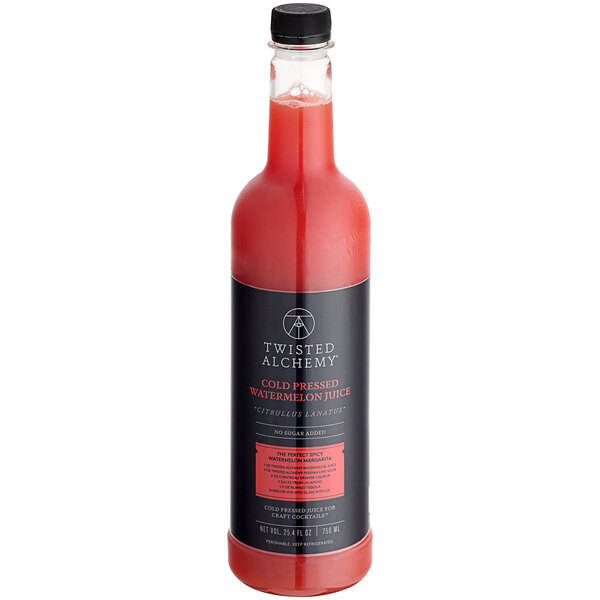 A close up of a bottle of Twisted Alchemy cold-pressed watermelon juice with red liquid inside.
