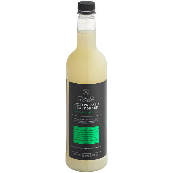 A close up of a Twisted Alchemy Cold-Pressed Lime Sour Craft Mixer bottle with a black label.