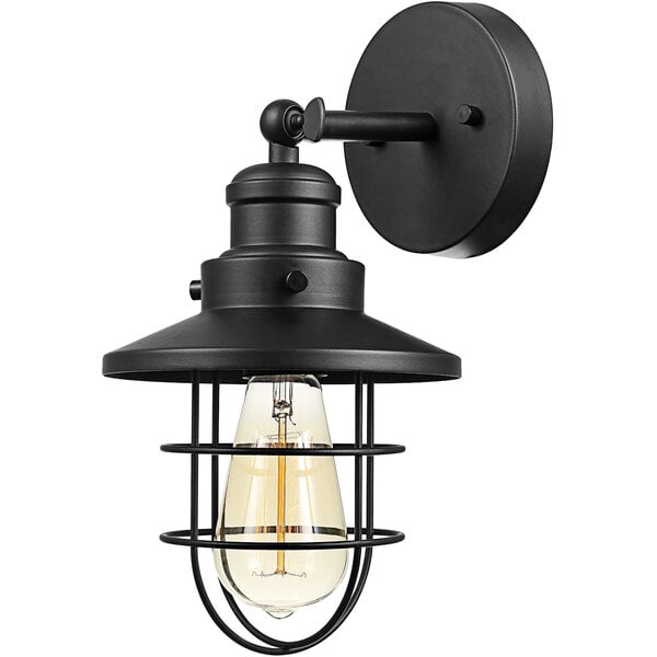 A dark bronze wall sconce with a removable cage covering a light bulb.