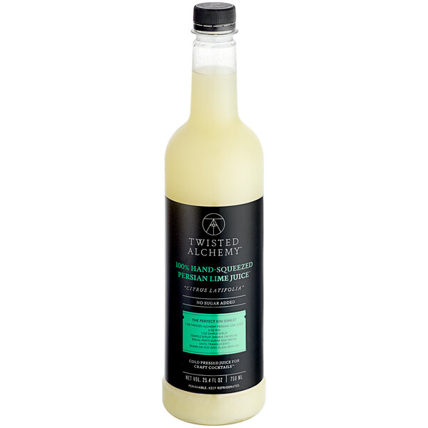 A close up of a bottle of Twisted Alchemy Cold-Pressed Persian Lime Juice.