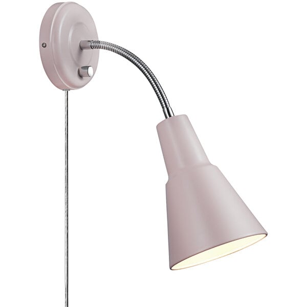 A Globe Matte Rose Gooseneck Wall Sconce with a metal rod curved neck and white shade.