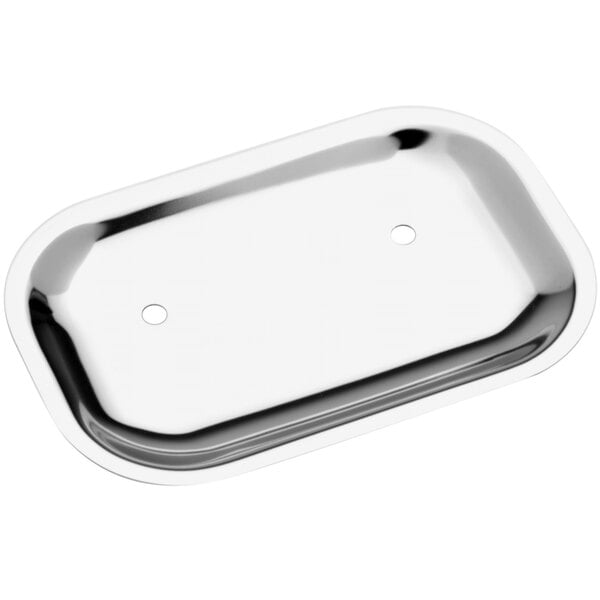 A rectangular chrome plated brass soap dish with a hole in the center.