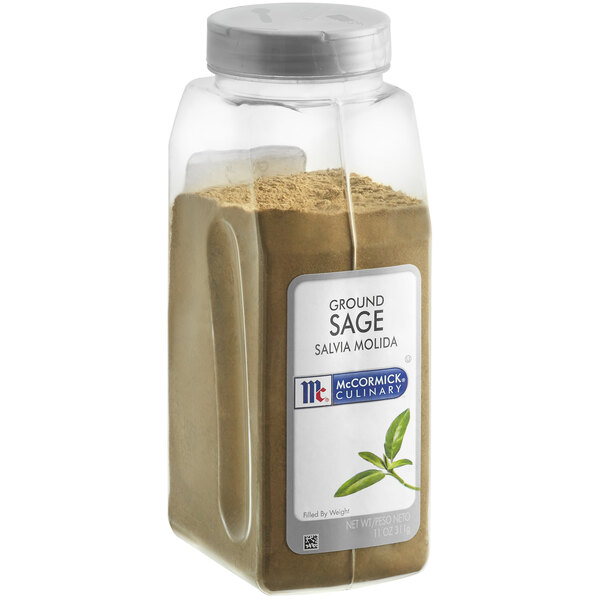 A plastic container of McCormick Culinary Ground Sage with brown powder inside.